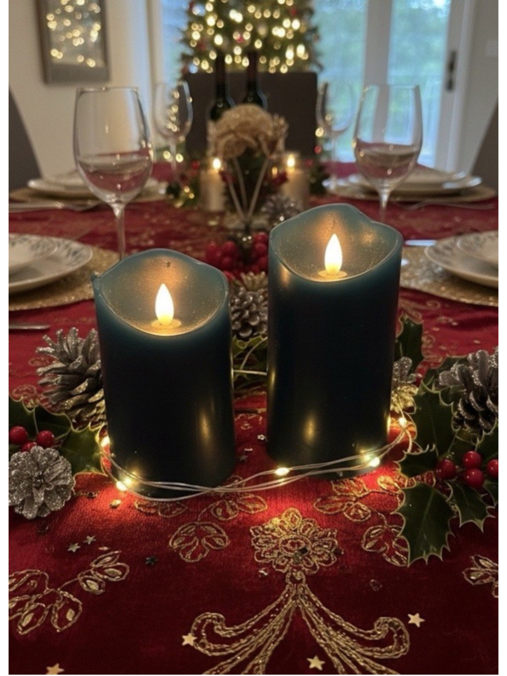 2 green Pillar Artifical Flame Candles-holiday Ambience-real Wax-country Cottage